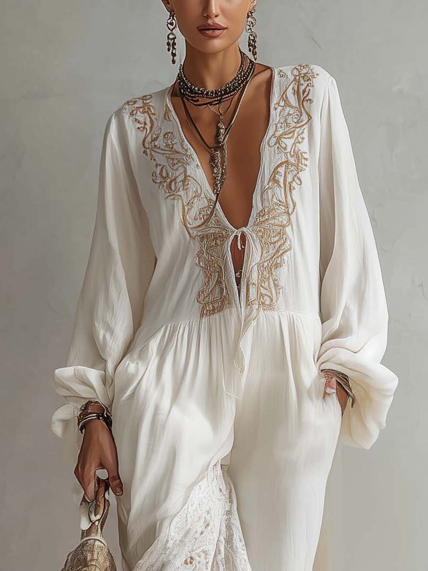 White Cotton Linen Embroidered Chiffon Patchwork Lace Hem Midi Dress