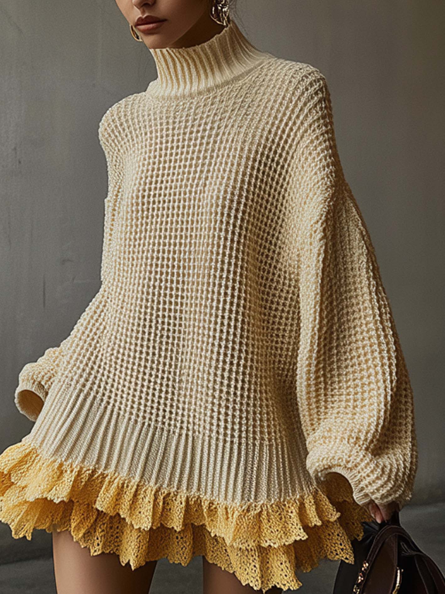 Beige Knitted Mini Dress With Yellow Lace Trim