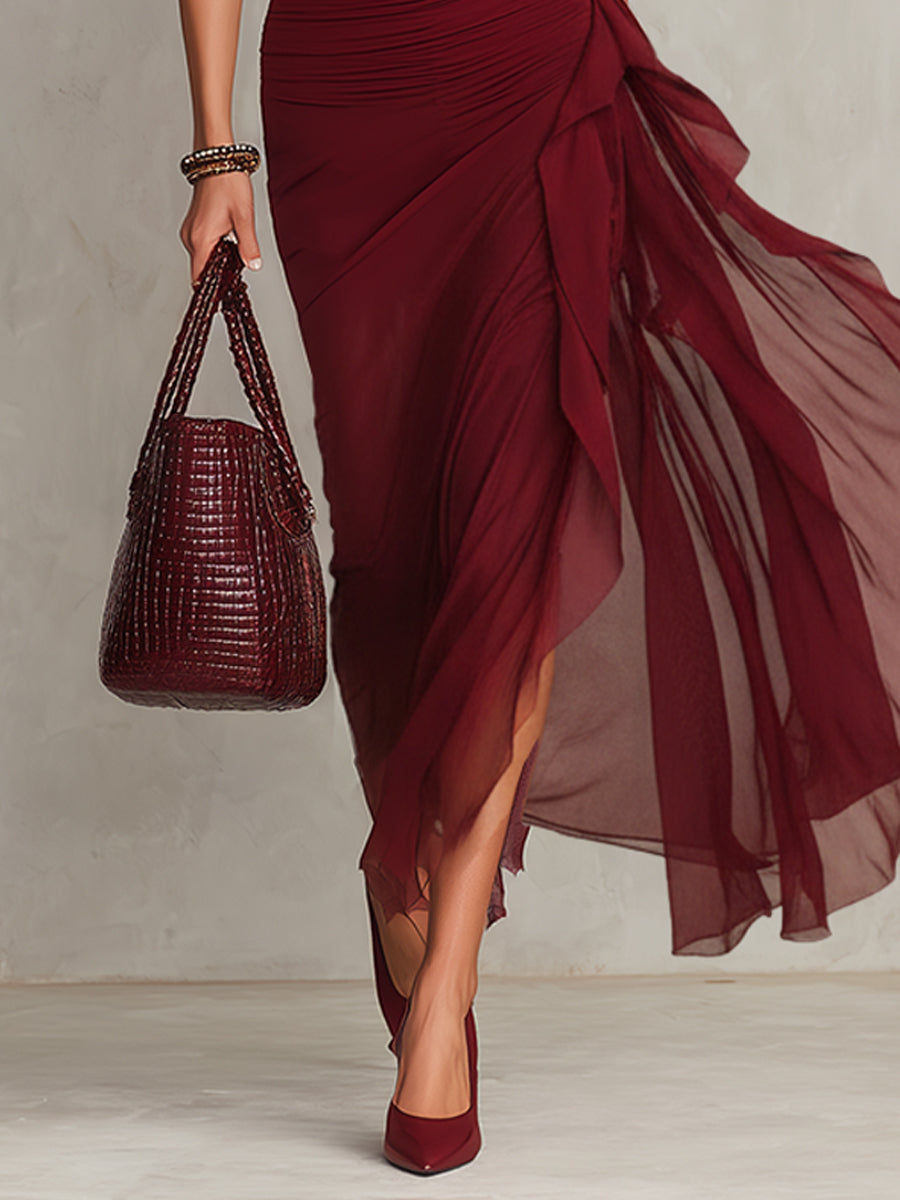 Bordeaux Chiffon Sleeveless Bodycon Dress