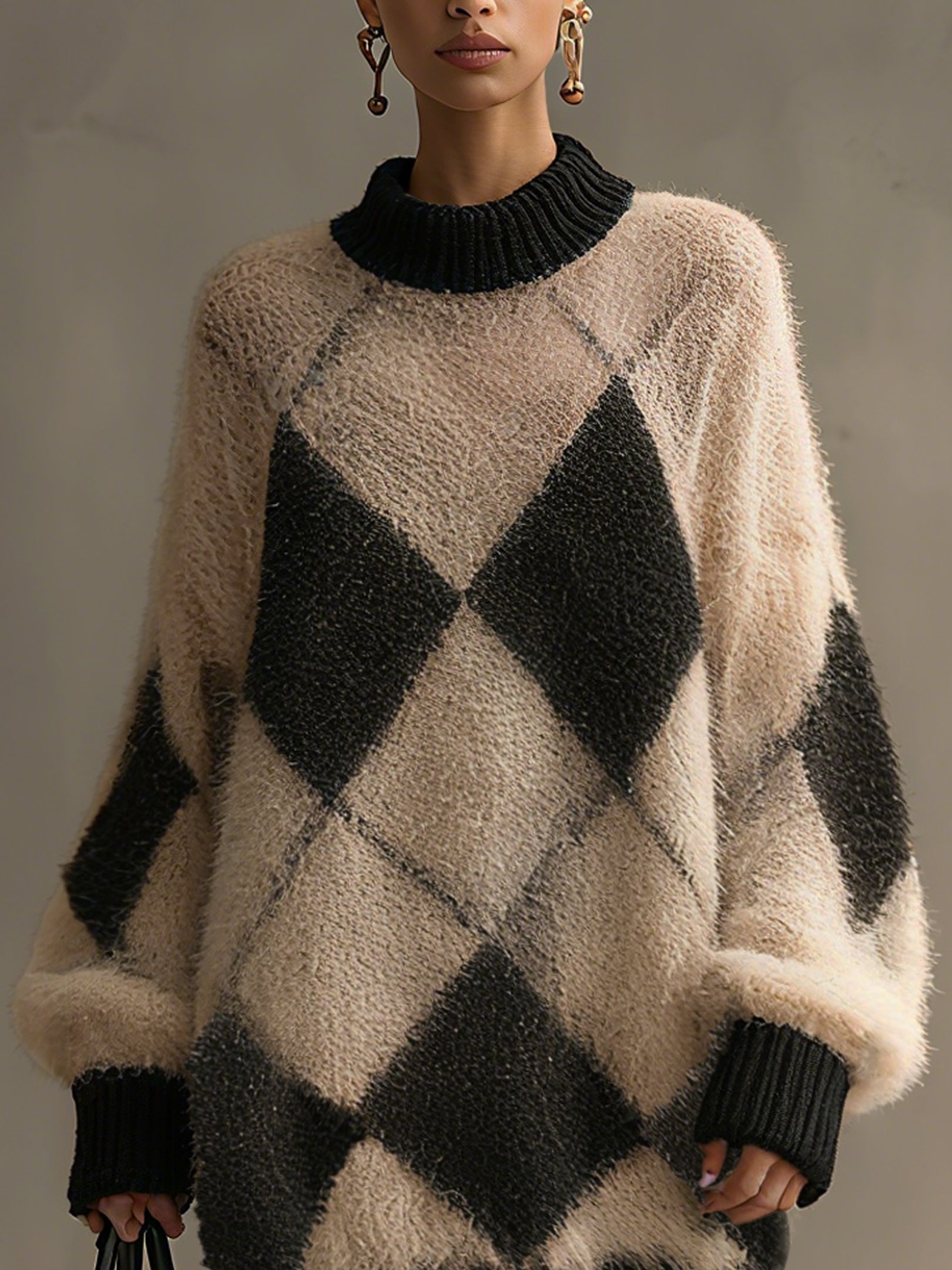 Black And Beige Soft Mohair Check Feather Long Sleeve Mini Dress