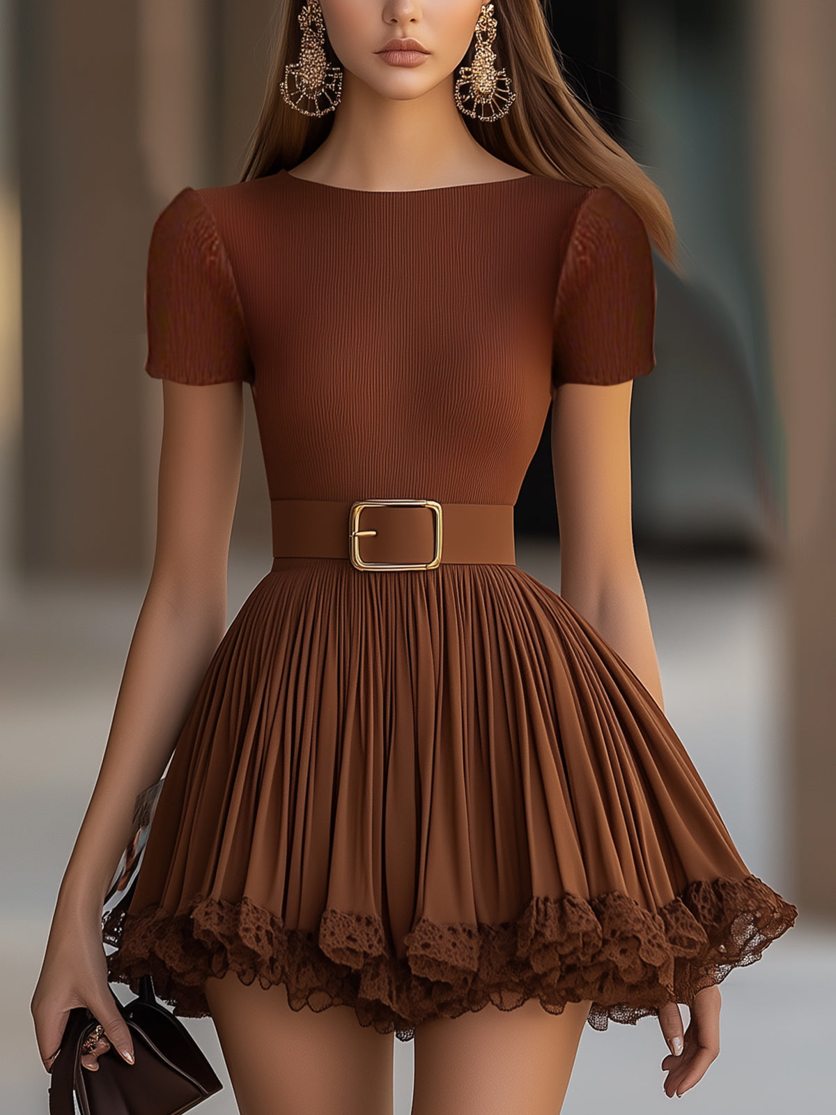 Brown Pleated Dress With Lace Trim