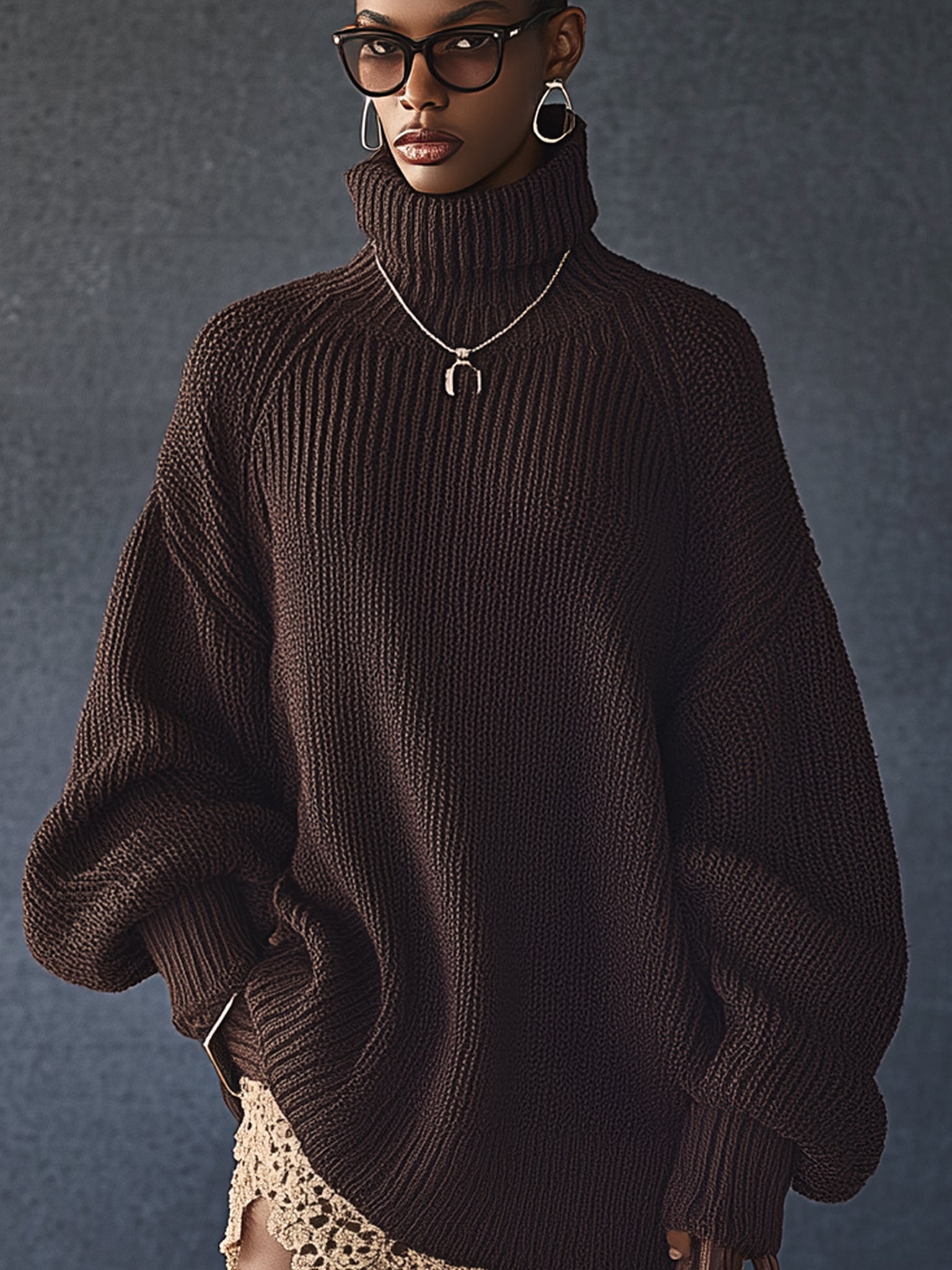 Chocolate Oversized Knit Turtleneck Long Sleeve Mini Dress With Lace Trim
