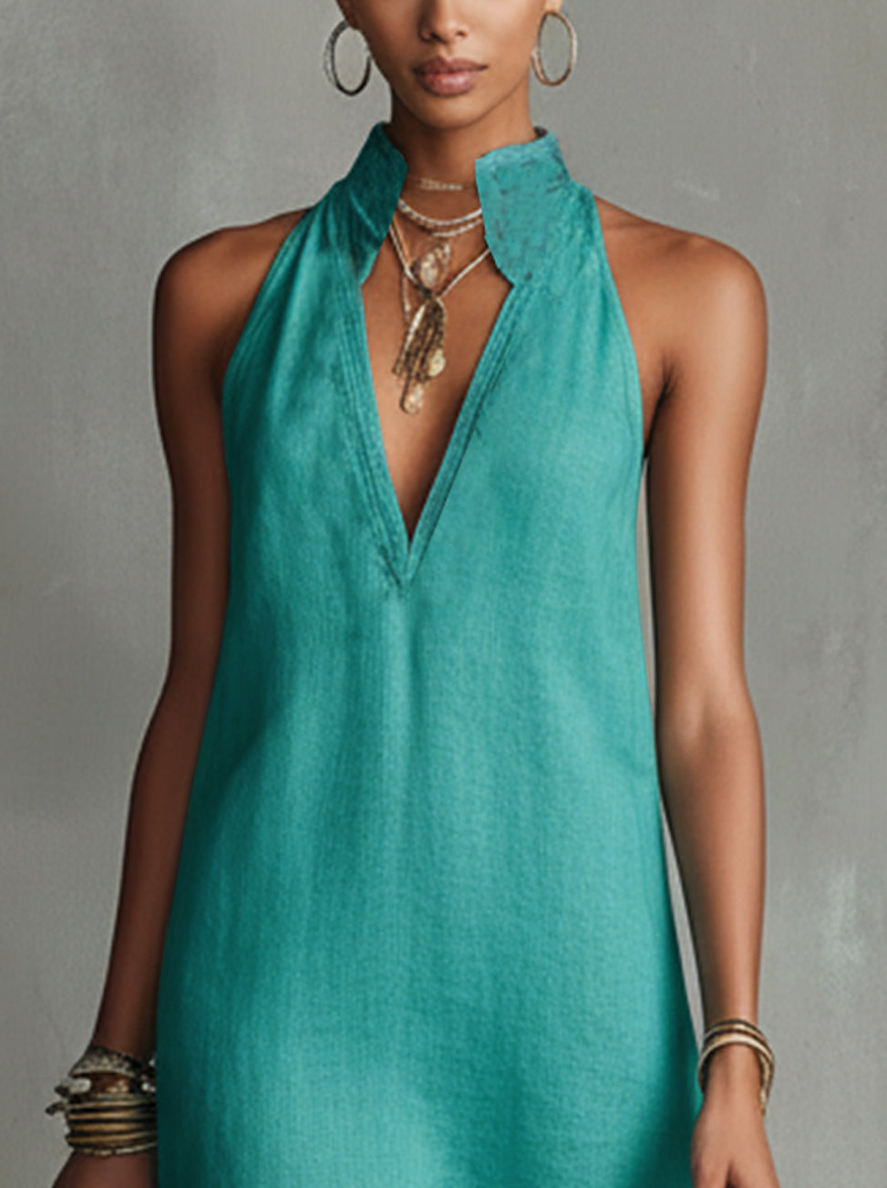 Green V-Neck Lace-Hem Mini Dress