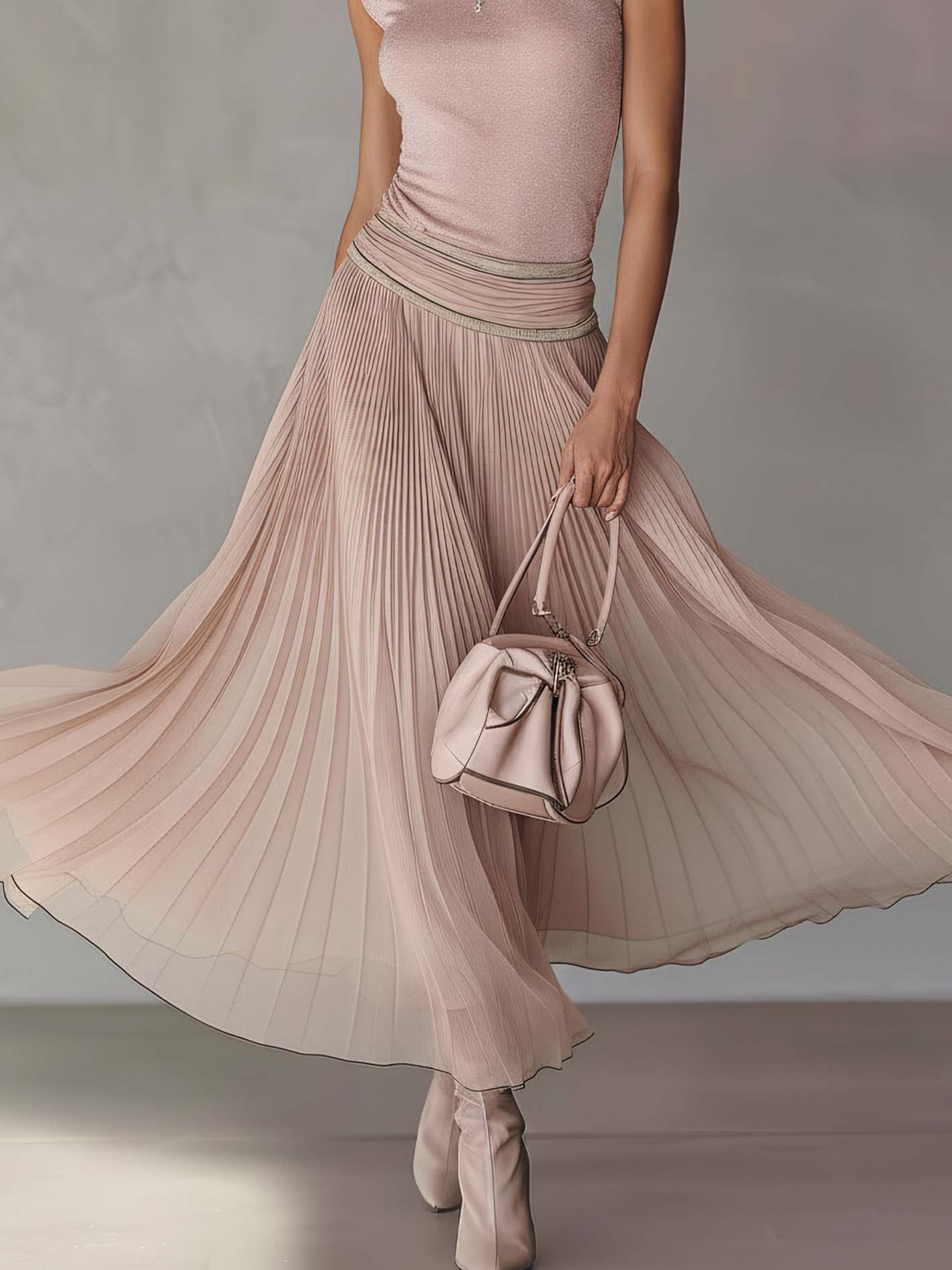 Pink Shimmer Tee And Flowing Midi Pleated Skirt Two-Piece Set