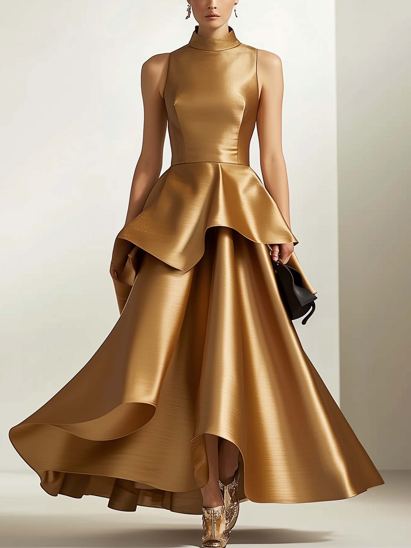 Gold Satin Maxi Dress With Ruffles