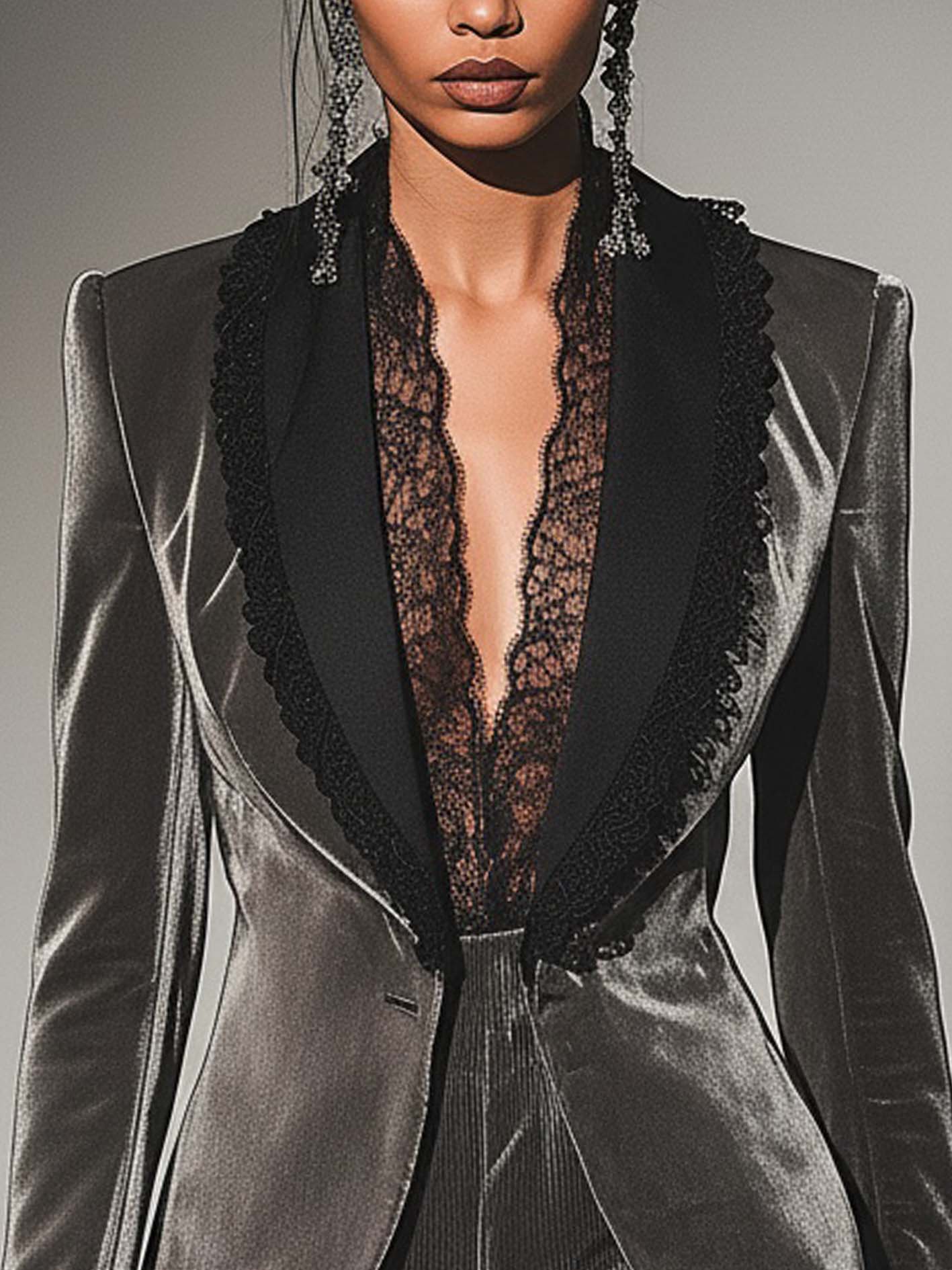 Gray Velvet Blazer With Lace-trimmed Black Lapels
