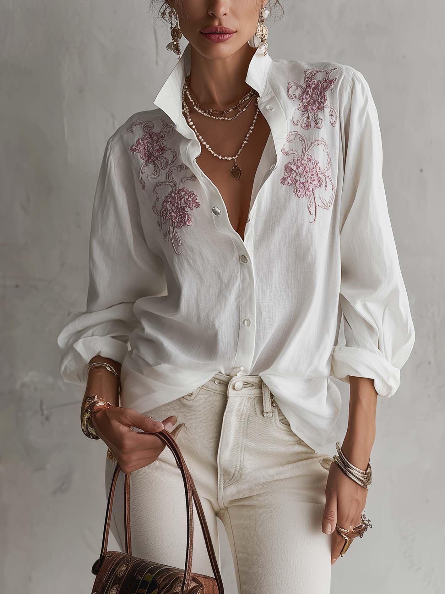 White Cotton Linen Vintage Floral Embroidered Blouse