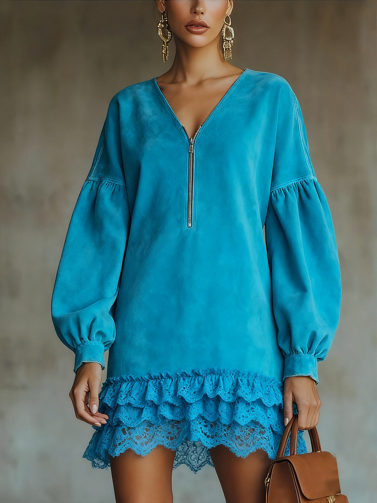 Sky Blue Faux Suede V-Neck Mini Dress With Lace Hem