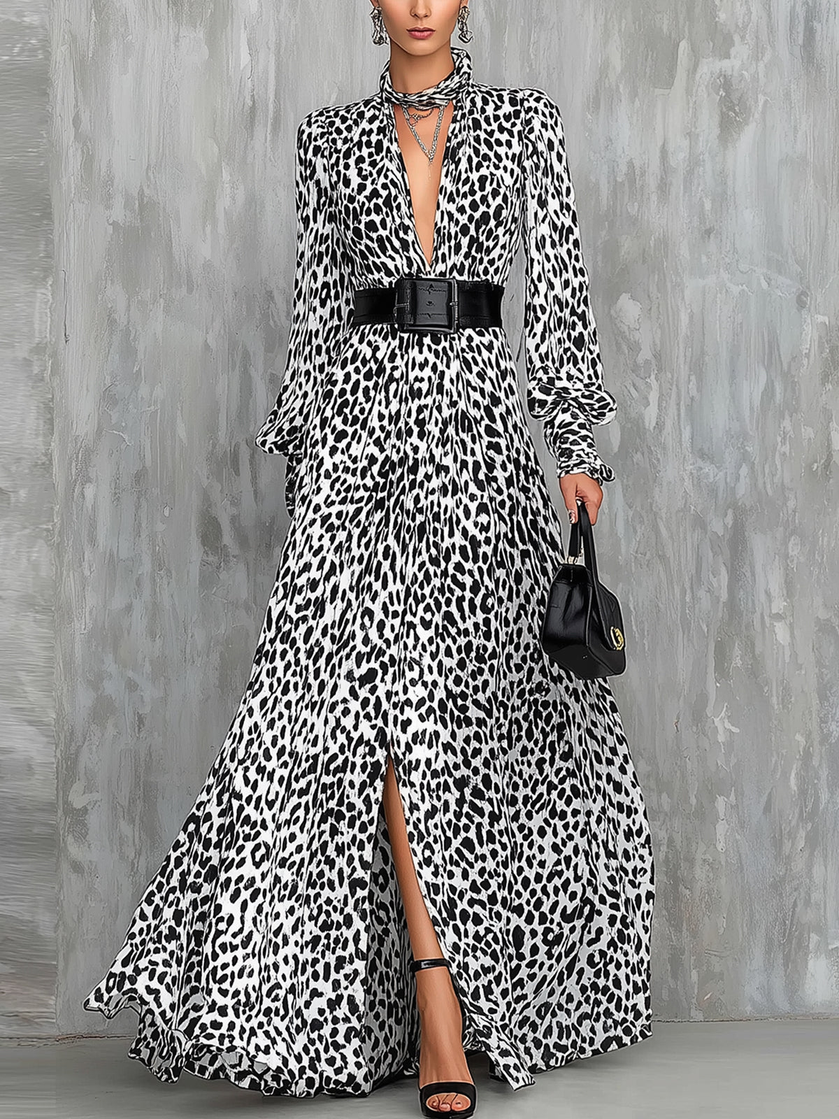 Black And White Leopard Print V-Neck Maxi Dress With Belt