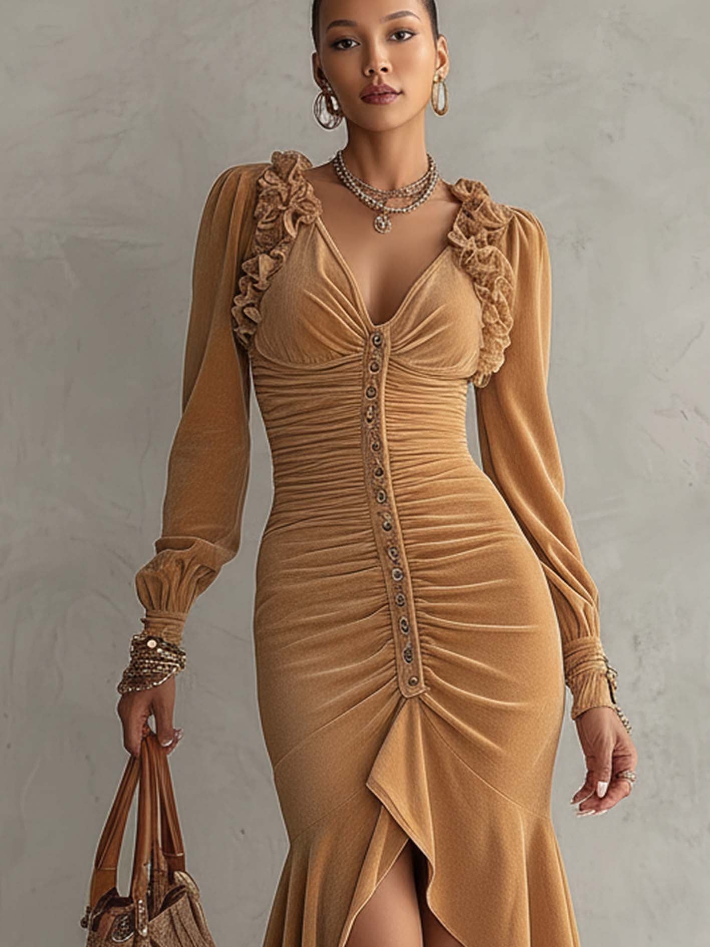 Camel Velvet Ruffle Patchwork Midi Bodycon Dress With Button Detail