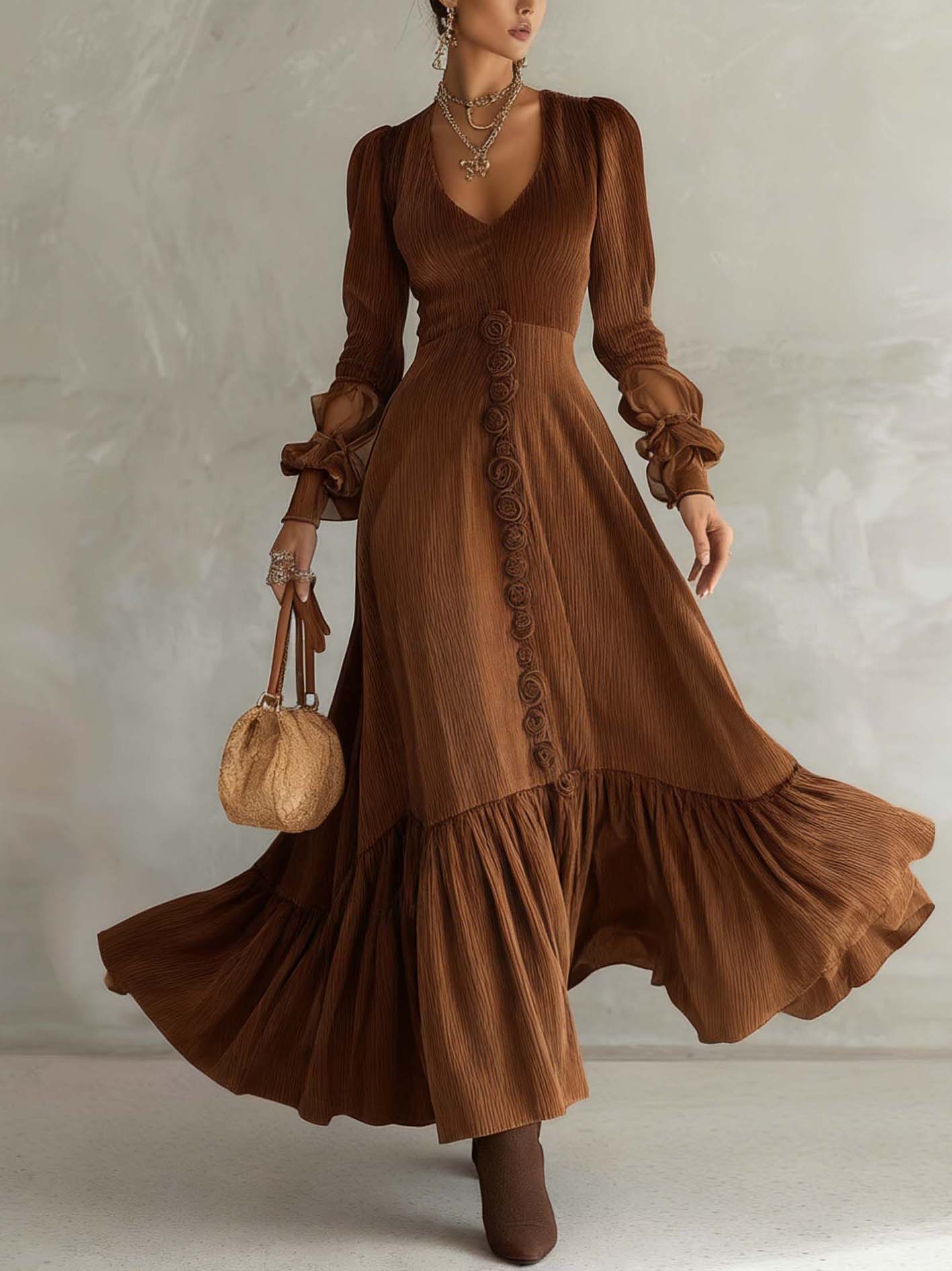 Brown Textured Velvet Maxi Dress With 3D Flowers And Organza Patchwork