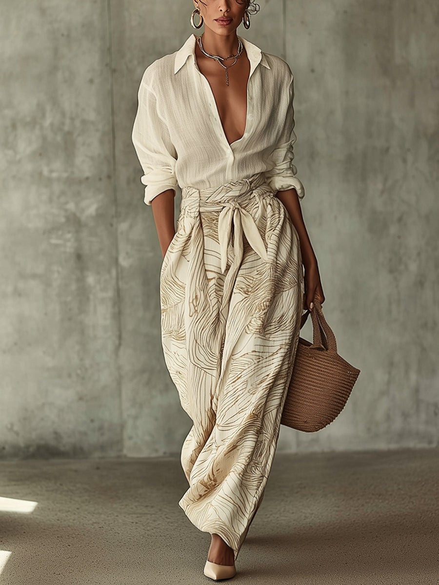 Ivory Linen Blend Shirt And Printed Wide Leg Pants Set