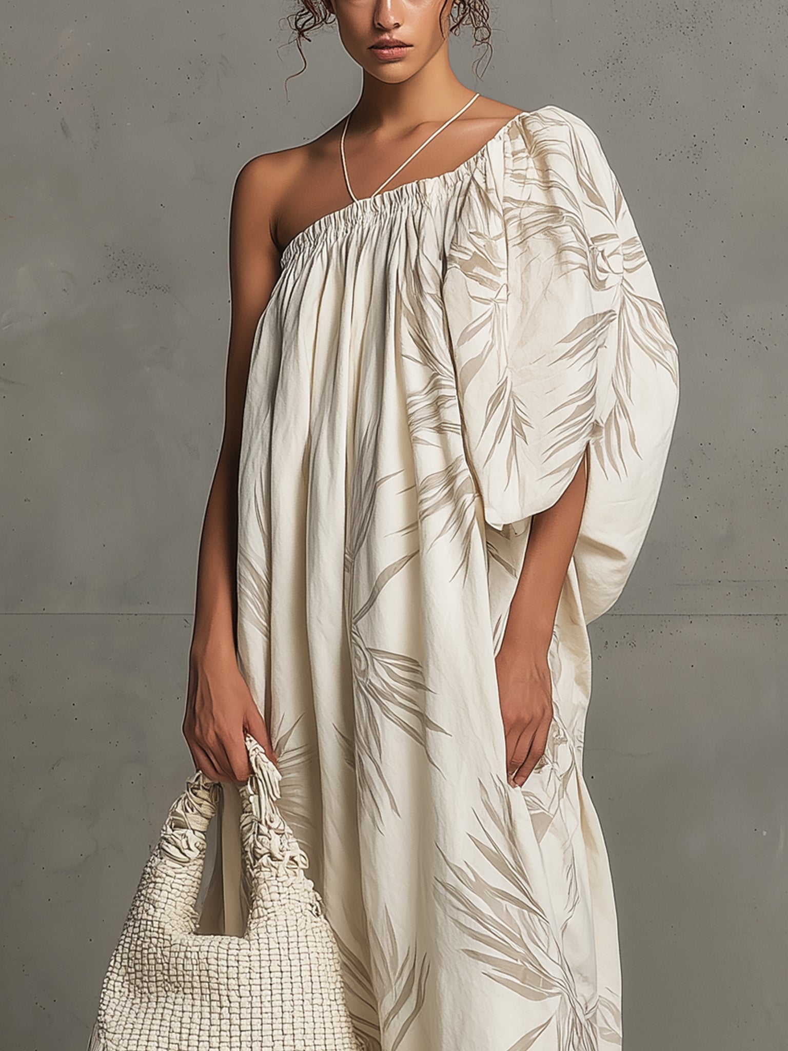 White Asymmetrical Elastic Cotton Print Maxi Dress