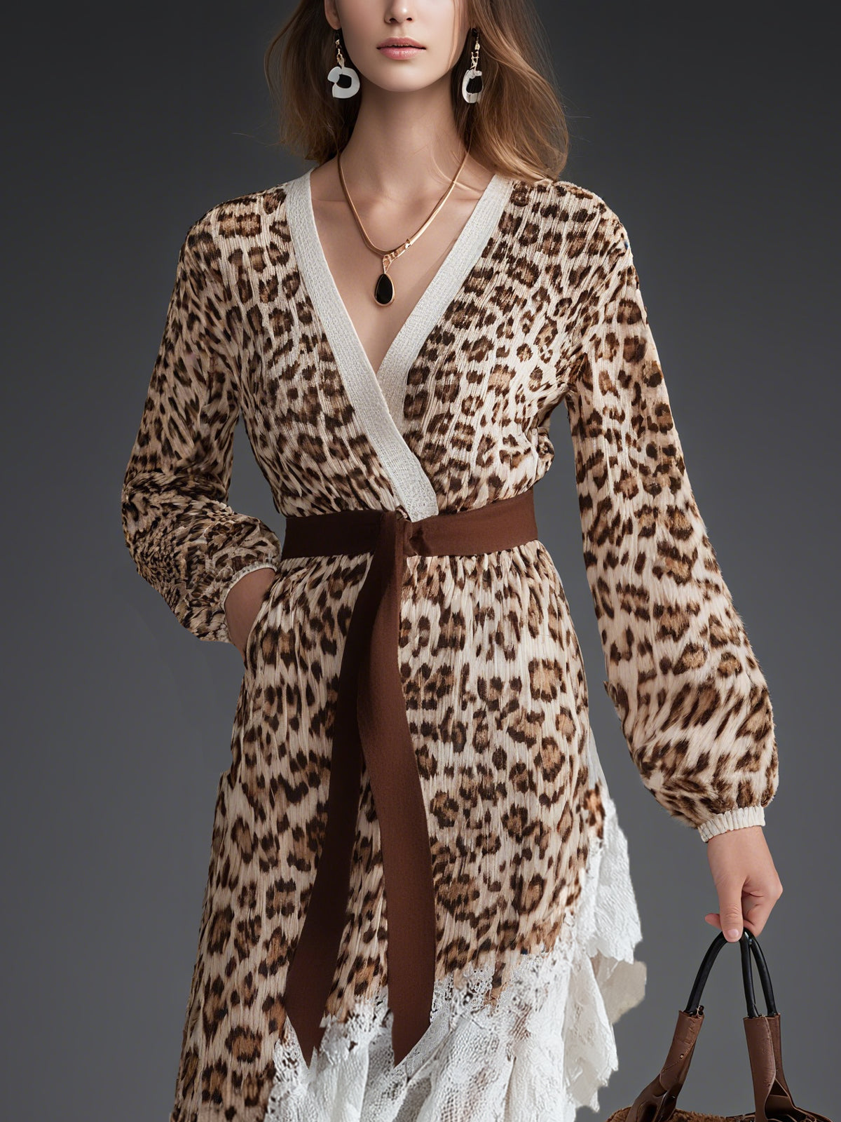 Brown Leopard Print High Low V-Neck Long Sleeved Midi Dress