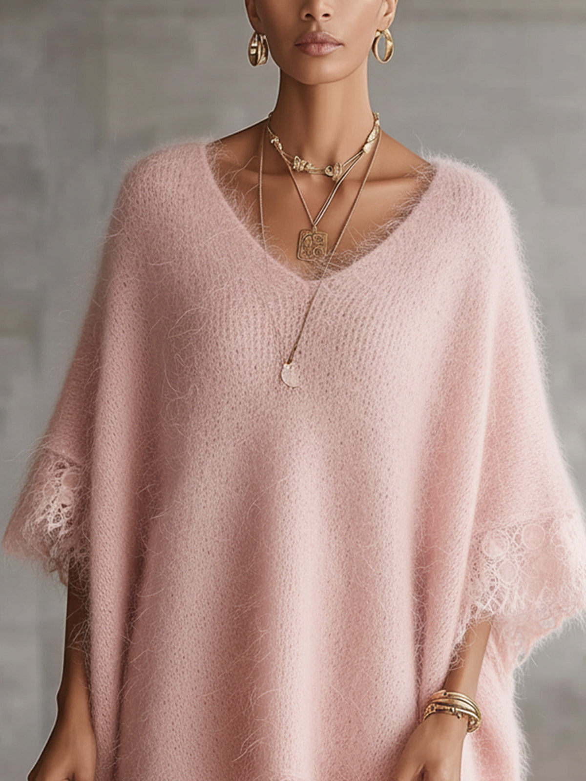 Pink Mohair Knit Oversized Sweater Dress With Scalloped Lace Hem