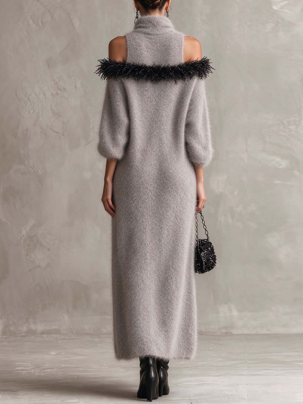 Silver Gray Shimmer Mohair Maxi Dress With Feather-Trim Cold Shoulder