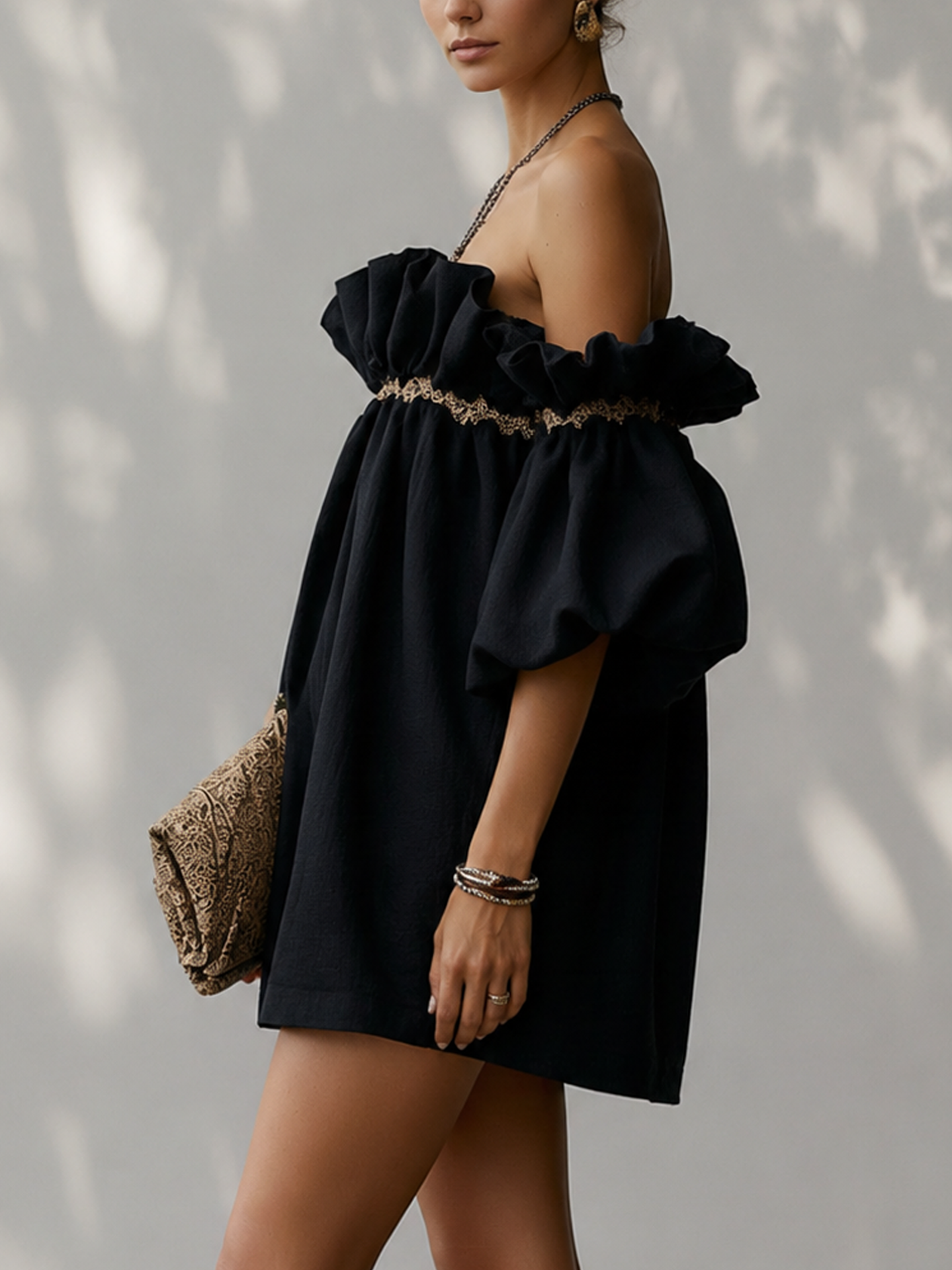 Black Off Shoulder Cotton Linen Mini Dress With Ribbon Patchwork