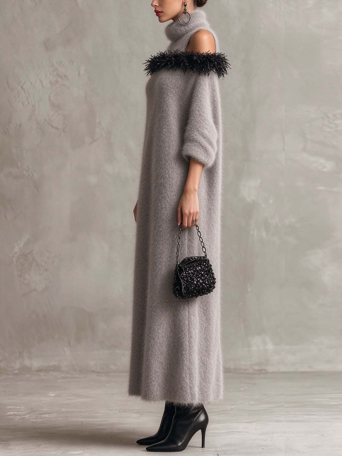 Silver Gray Shimmer Mohair Maxi Dress With Feather-Trim Cold Shoulder