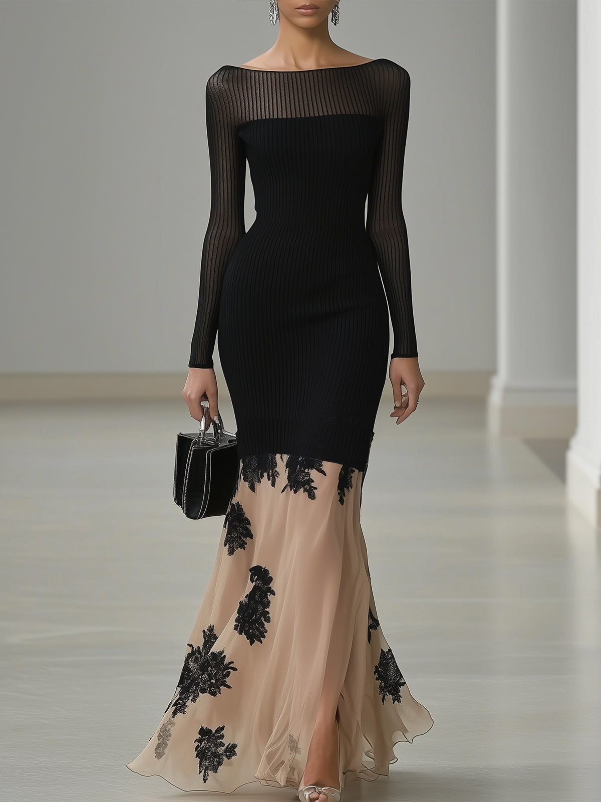 Black Ribbed Knit Dress With Sheer Floral Chiffon Hem