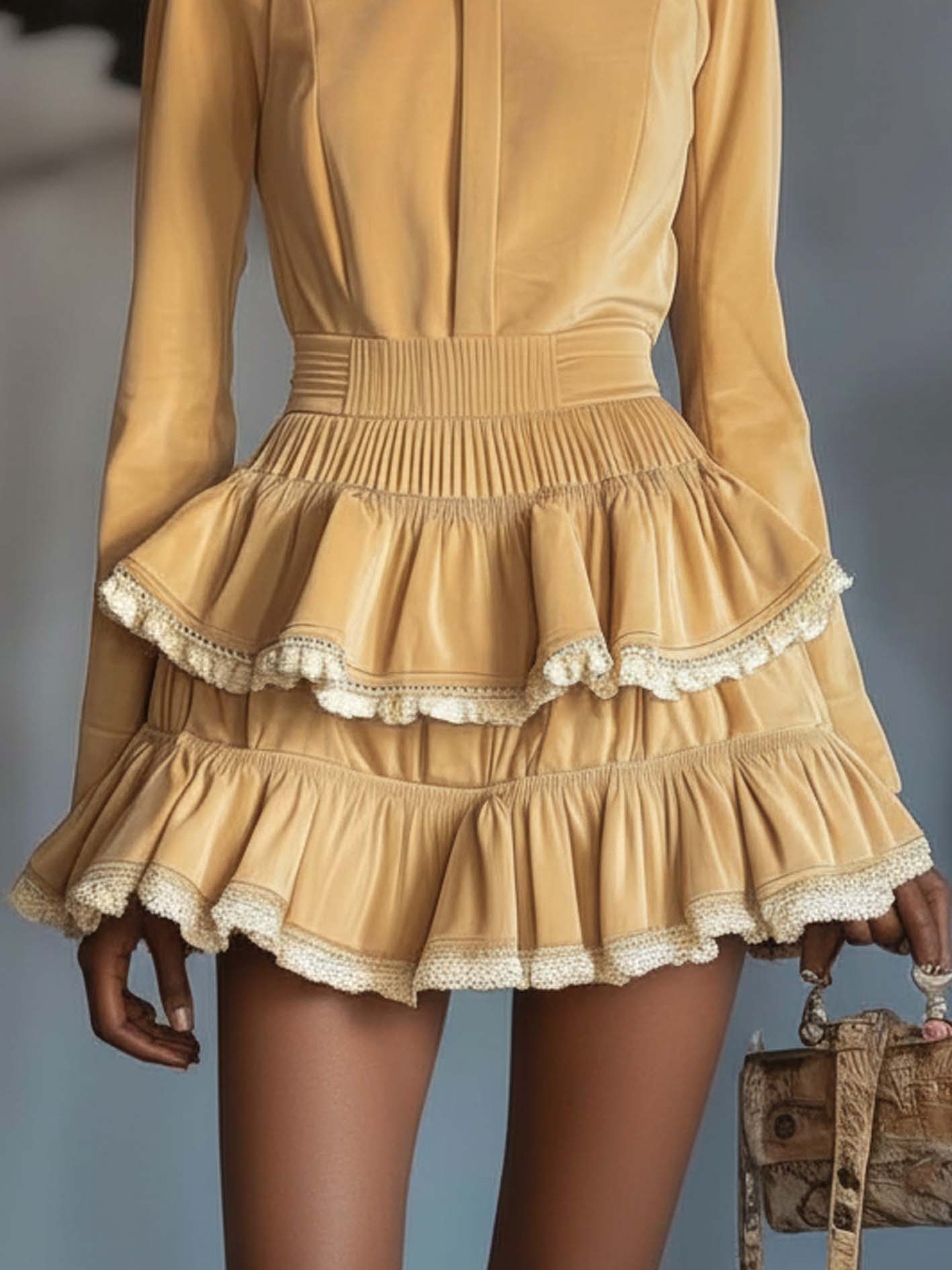 Light Yellow Velvet Mini Dress With Lace And Ruffles