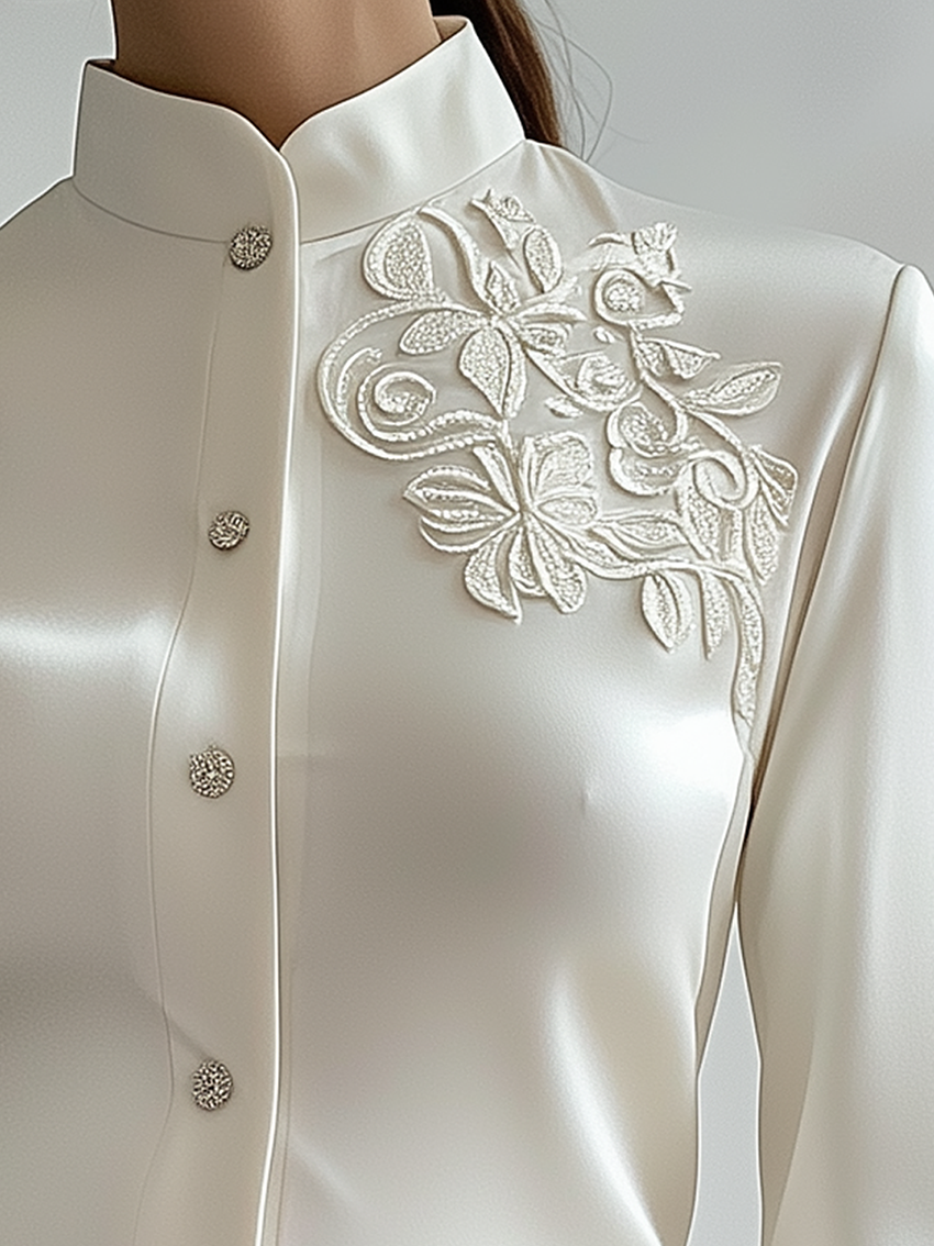 White Satin Blouse With Flower Embroidery