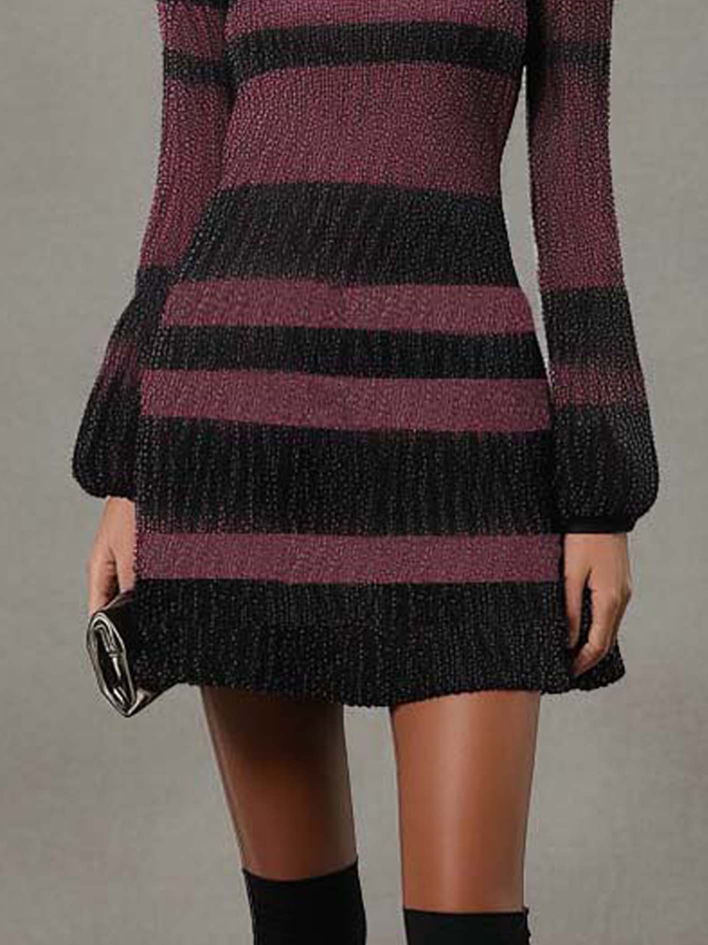 Dark Pink Knitted Mini Dress With Black Lines