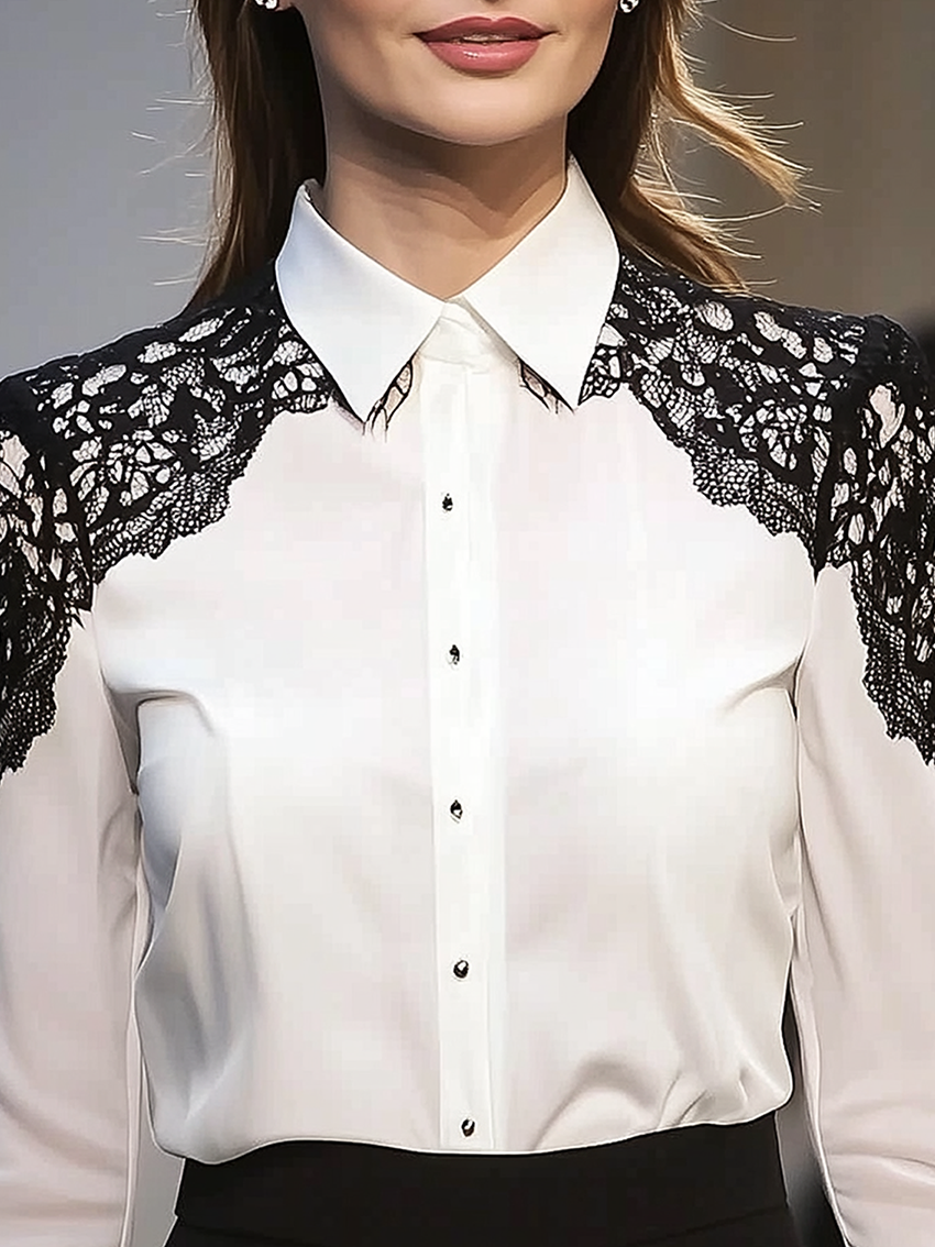 White Blouse With Black Lace Shoulders