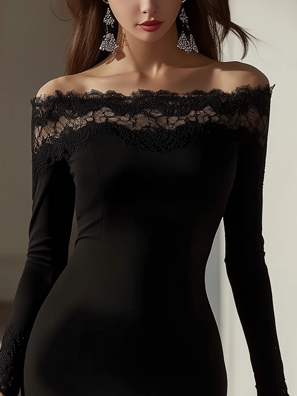 Elegant Off-shoulder Black Midi Bodycon Dress With Black Lace Neckline