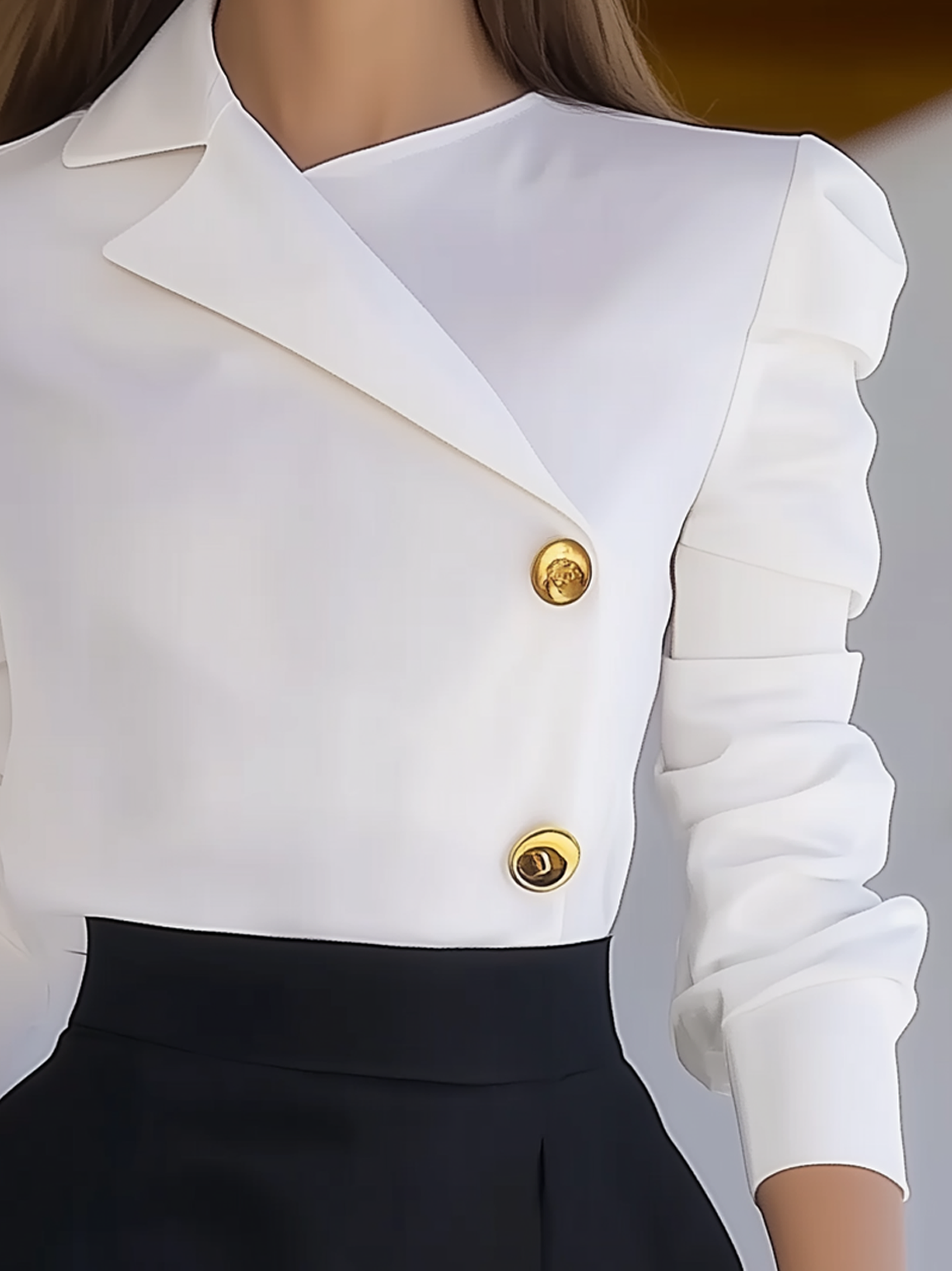 White Chiffon Blouse With Stylish Collar And Gold Buttons