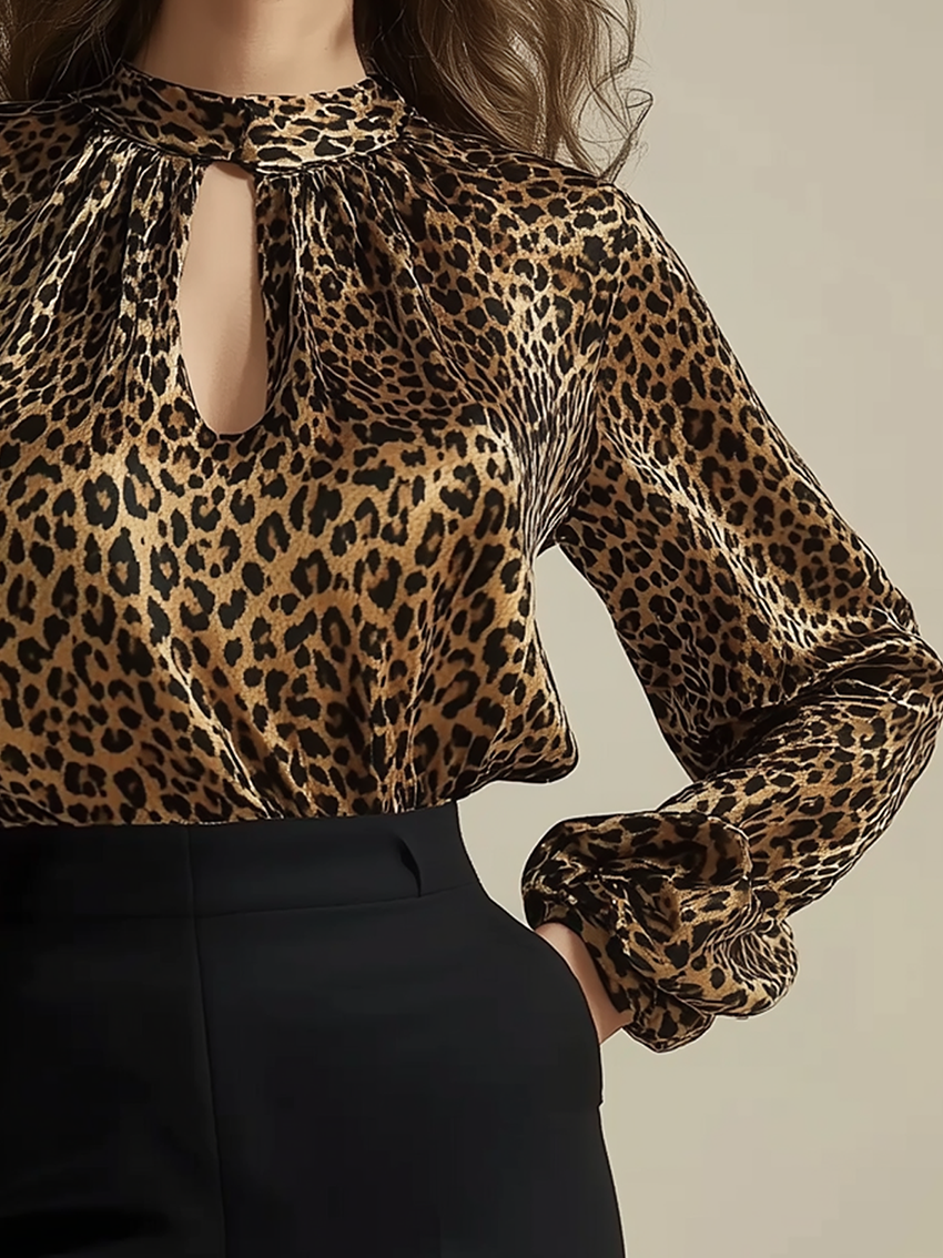 High-necked Gold Shirt With Leopard Print