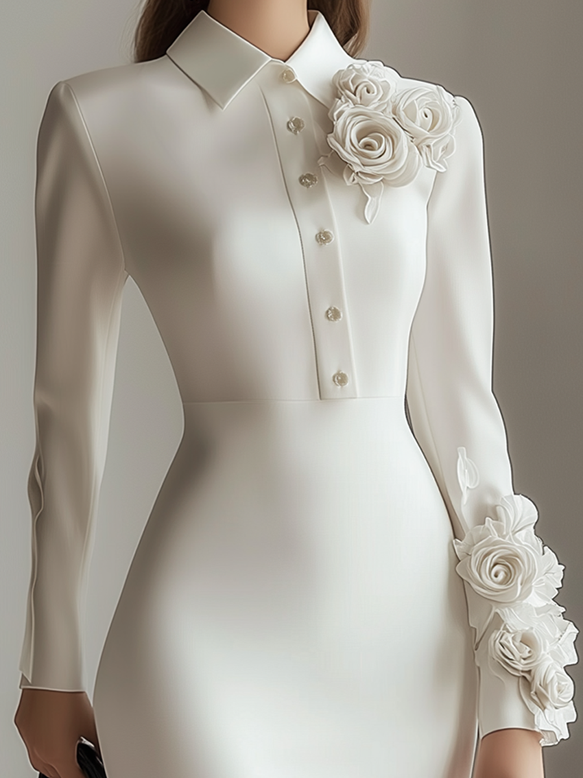 White Satin Midi Shirt Dress With 3D Flower Decoration At The Neckline And Cuffs