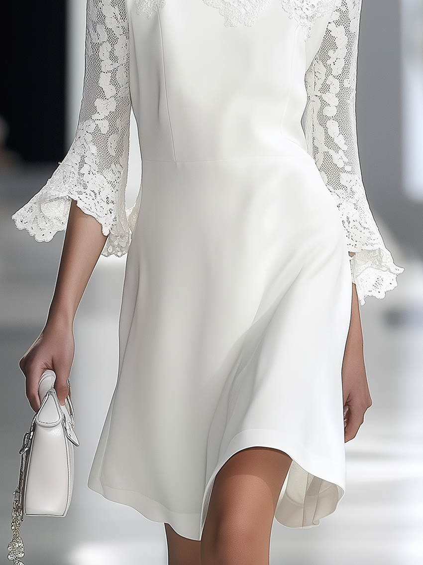 White H-Pattern Dress With Neckline And Sleeve Stitching Lace