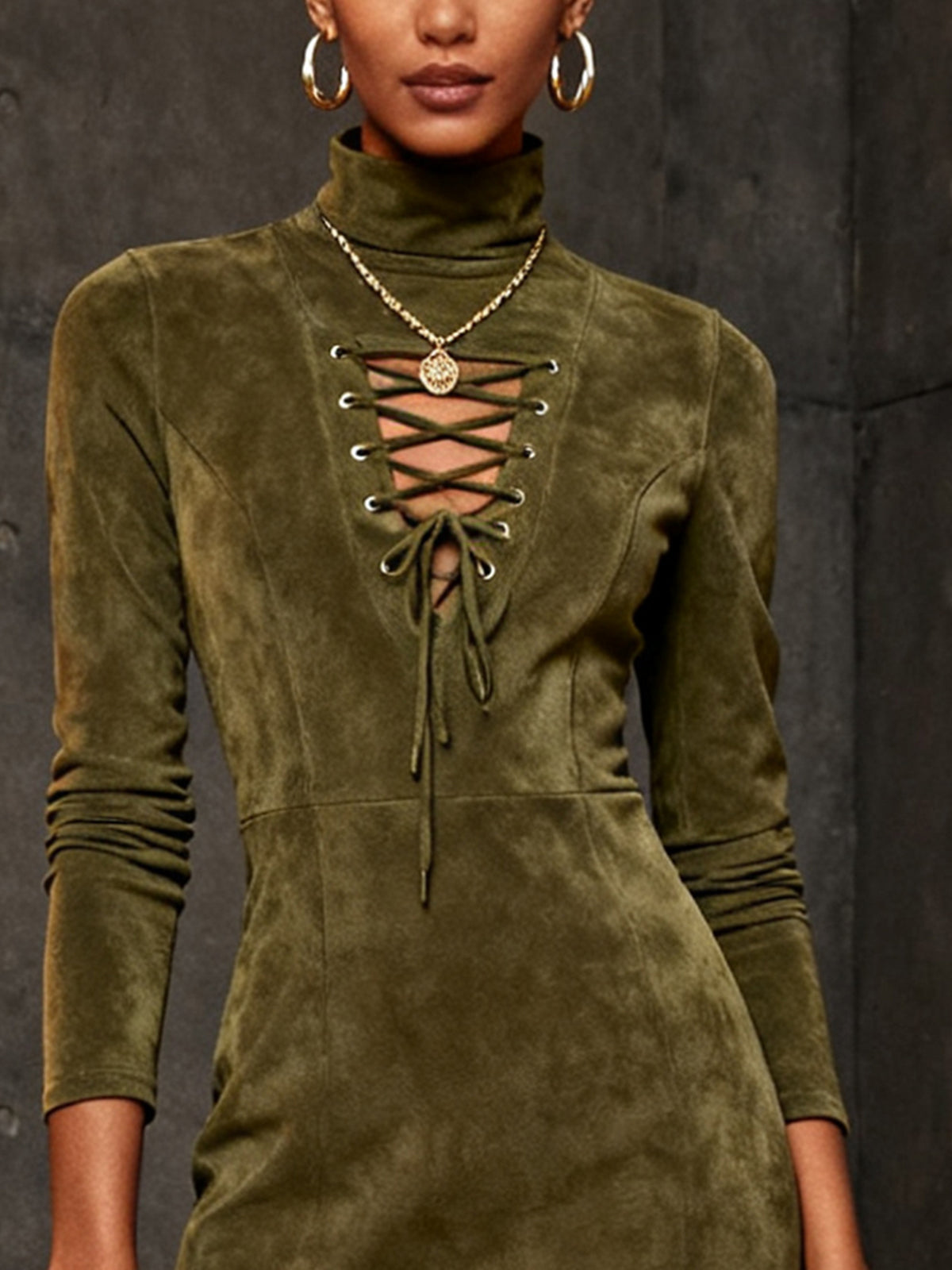 Olive Lace-Up Faux Suede Turtleneck Mini Dress