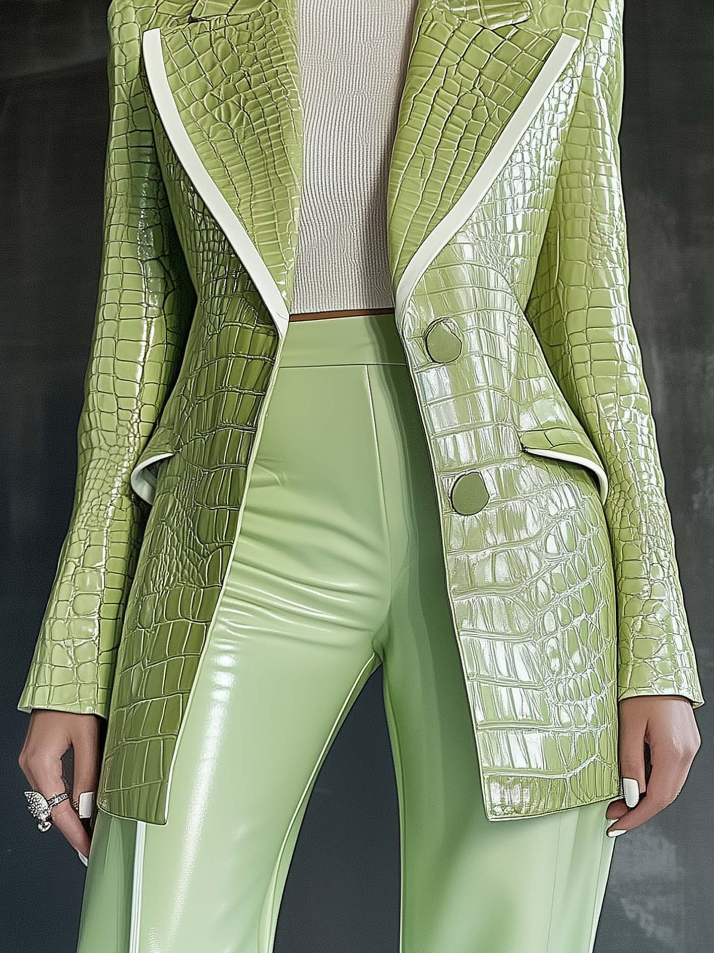 Light Green Textured Faux Leather Jacket With White Trim