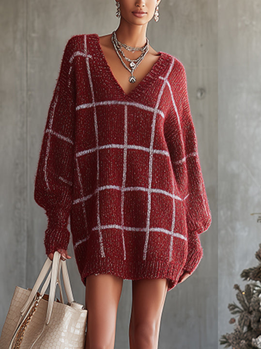 Burgundy Checked V-Neck Oversized Knit Sweater Dress