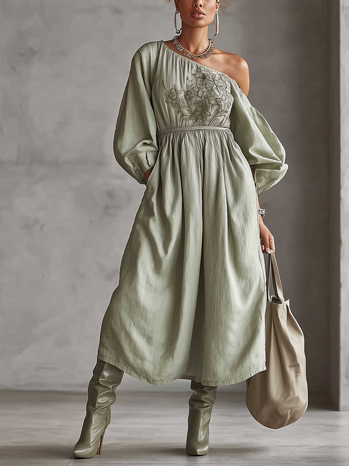Green One-Shoulder Embroidered Balloon Sleeve Midi Dress