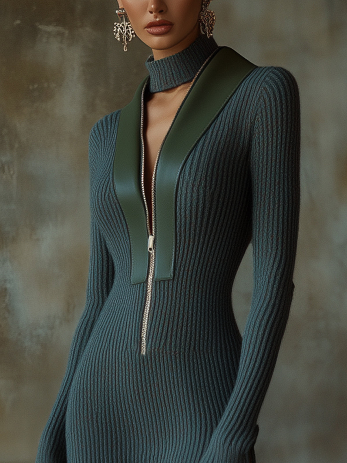 Blue Ribbed Knit Dress With Leather Trim And Zip Neckline