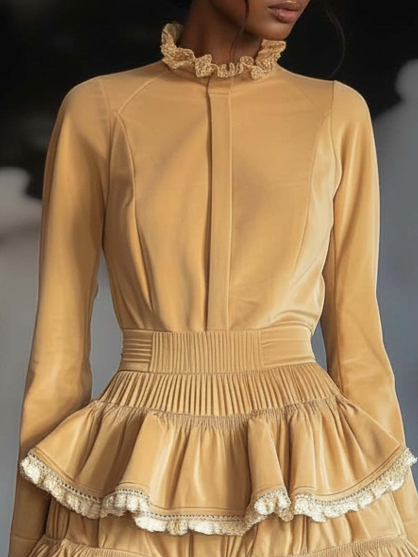 Light Yellow Velvet Mini Dress With Lace And Ruffles