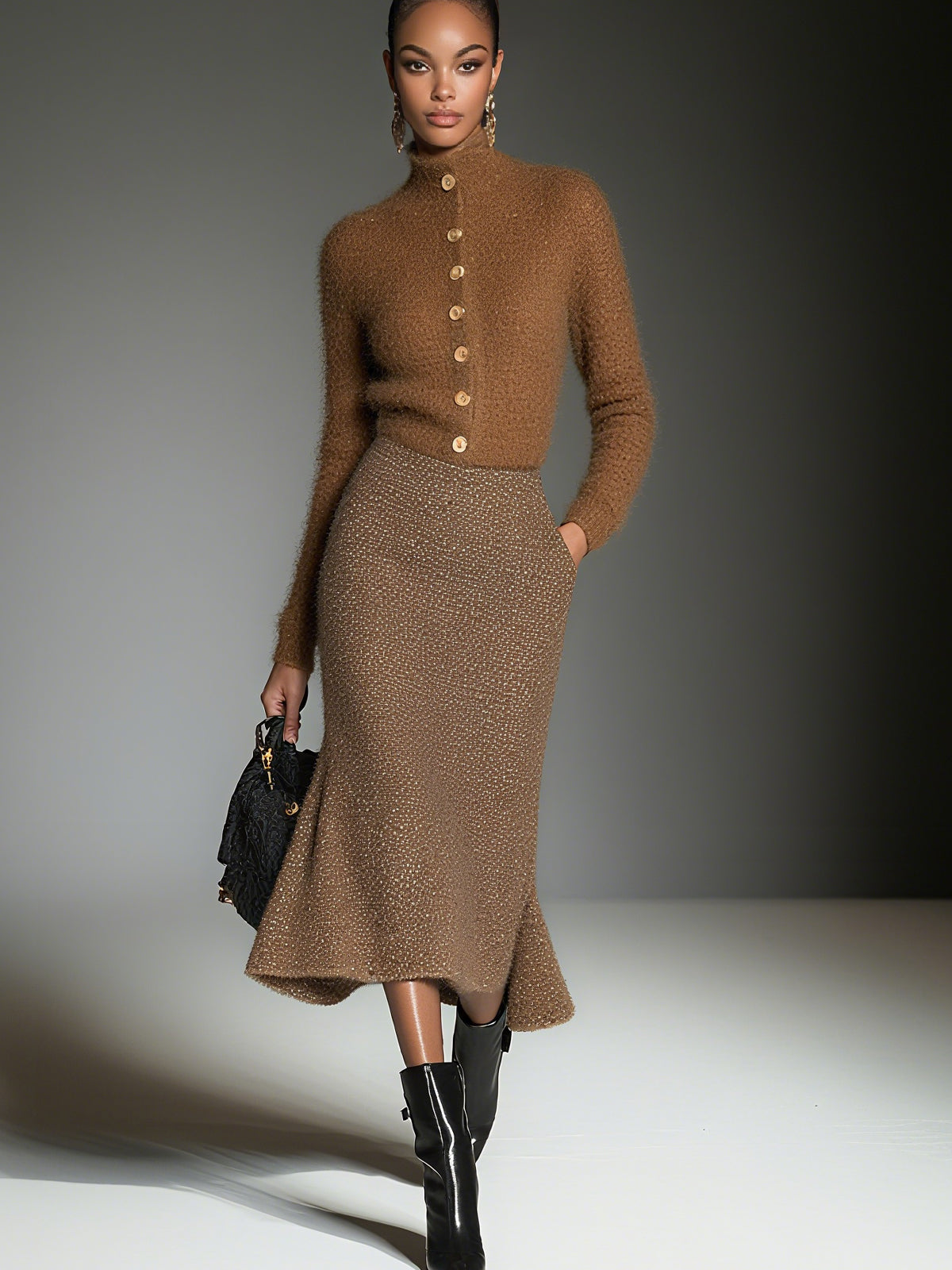 Brown Turtleneck Knit Sweater And Knit Skirt Set