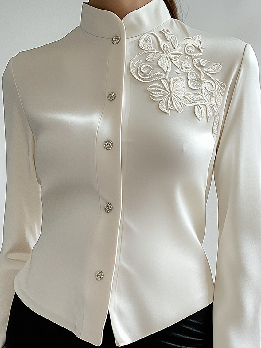 White Satin Blouse With Flower Embroidery