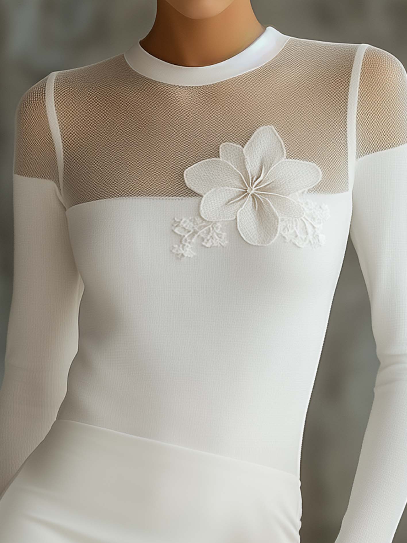 White Knitted T-shirt With Mesh Stitching And Embroidery