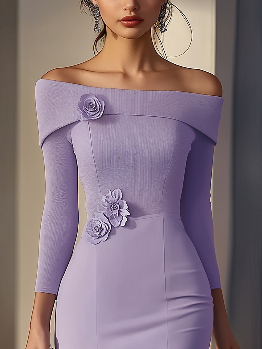 Off-The-Shoulder Purple Midi Bodycon Dress With 3D Flower Decoration