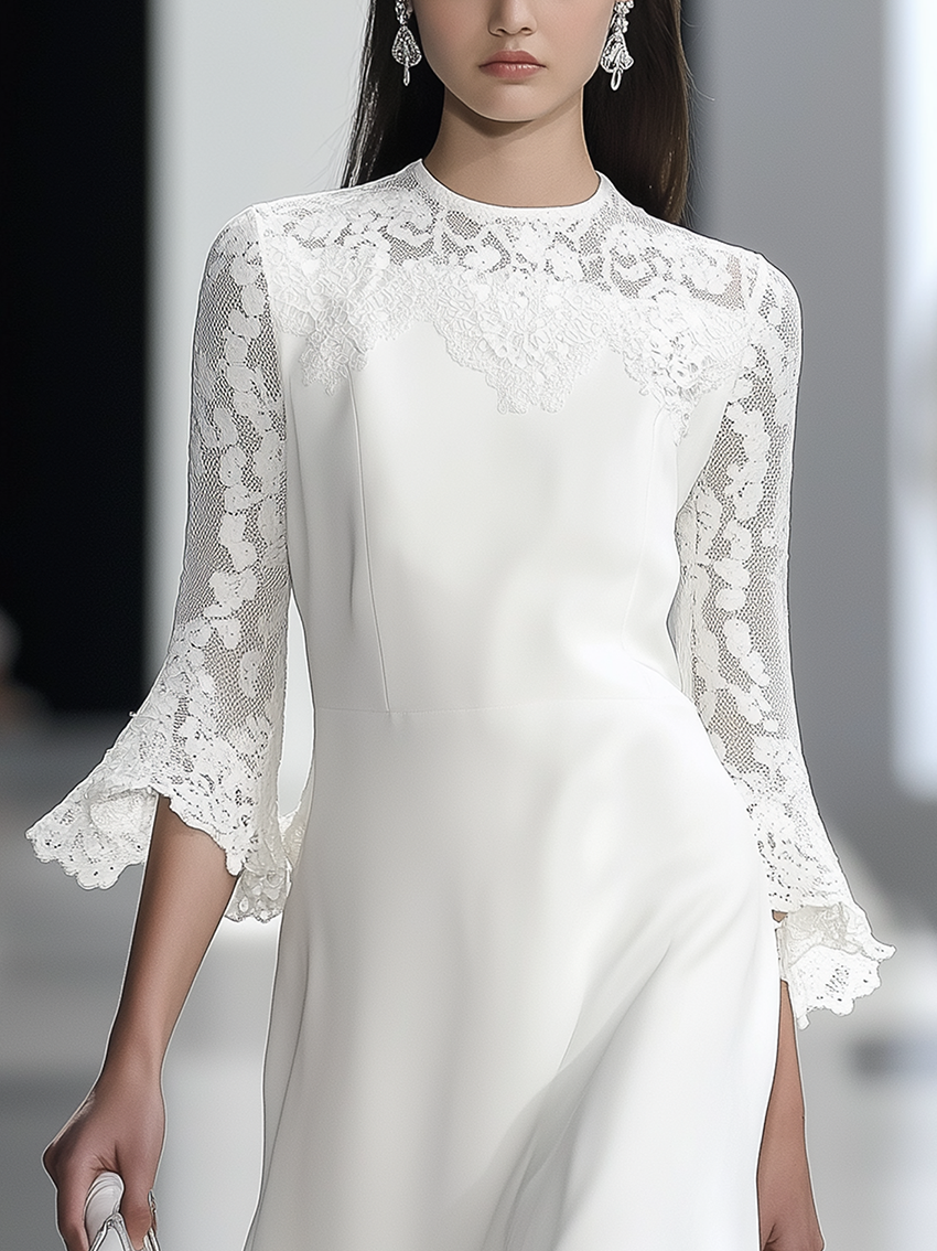 White H-Pattern Dress With Neckline And Sleeve Stitching Lace