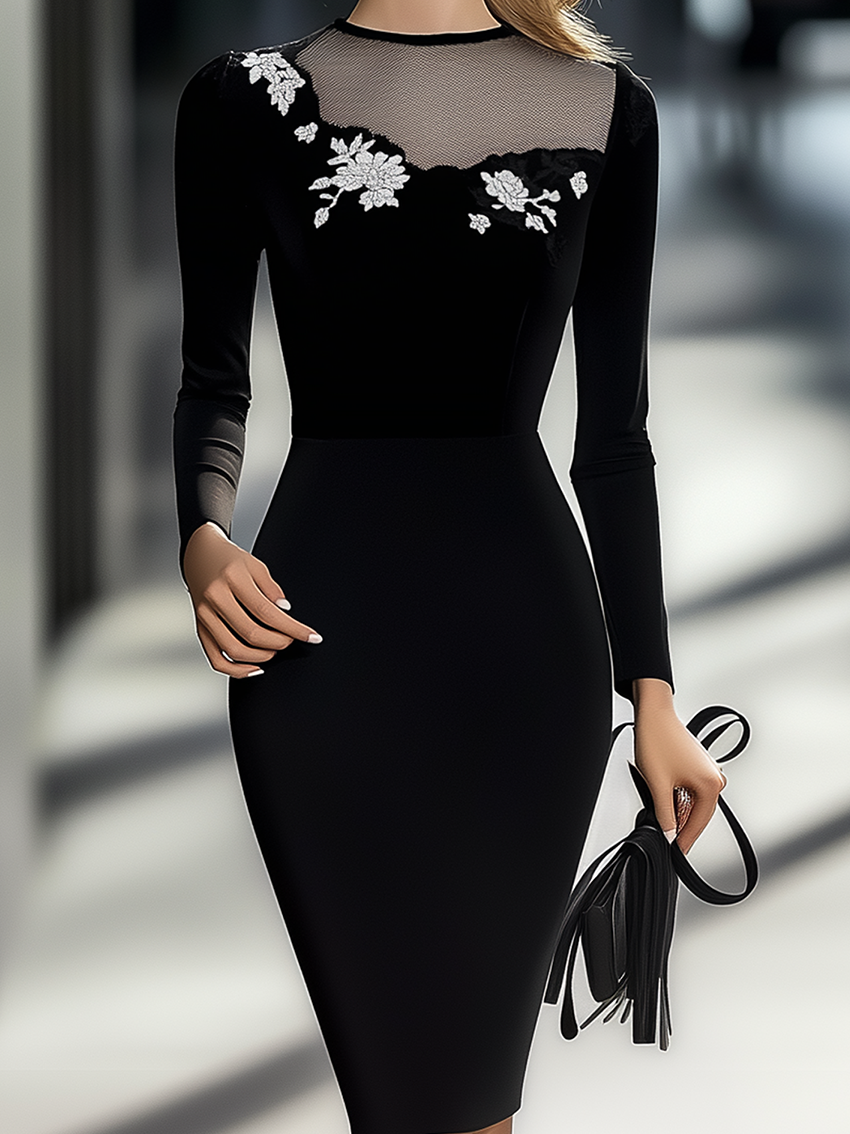 Black Midi Bodycon Dress With White Flower Embroidery With Neckline Stitching Mesh