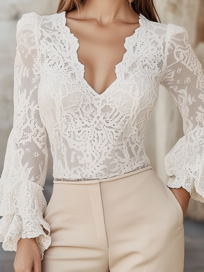 White Soft Lace Shirt With V-neck