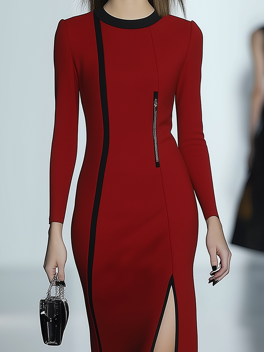 Round Neck Red Midi Bodycon Dress With Zipper Trim