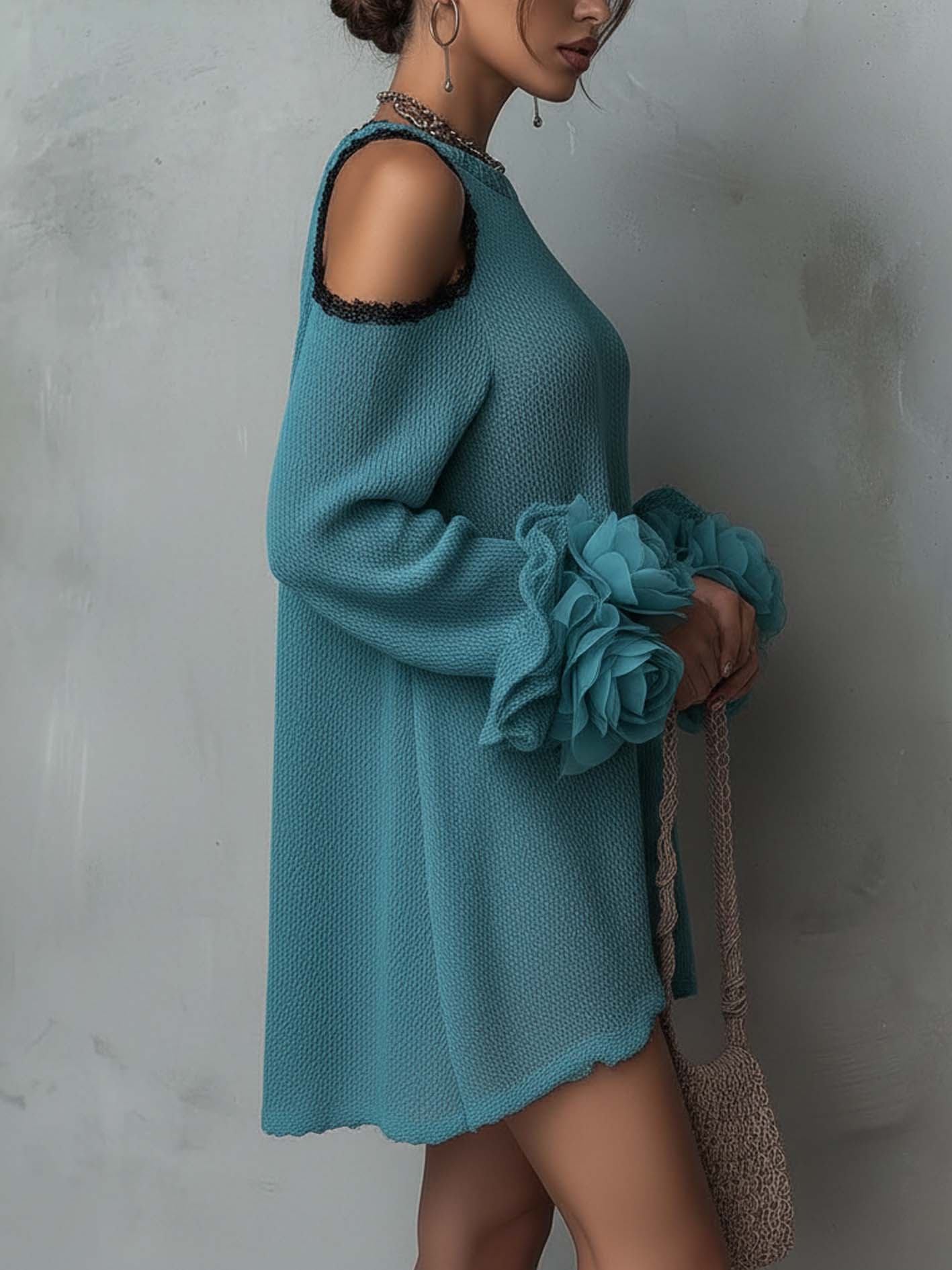 Teal Cold Shoulder Knit Mini Dress With 3D Floral Ruffle Sleeves