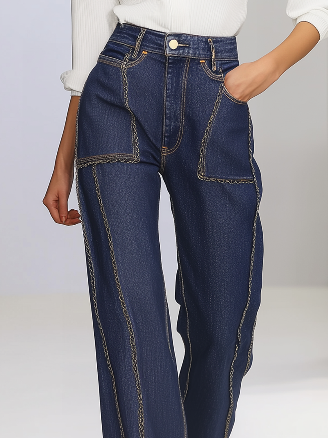 Long Jeans With Stylish Pockets And Trim