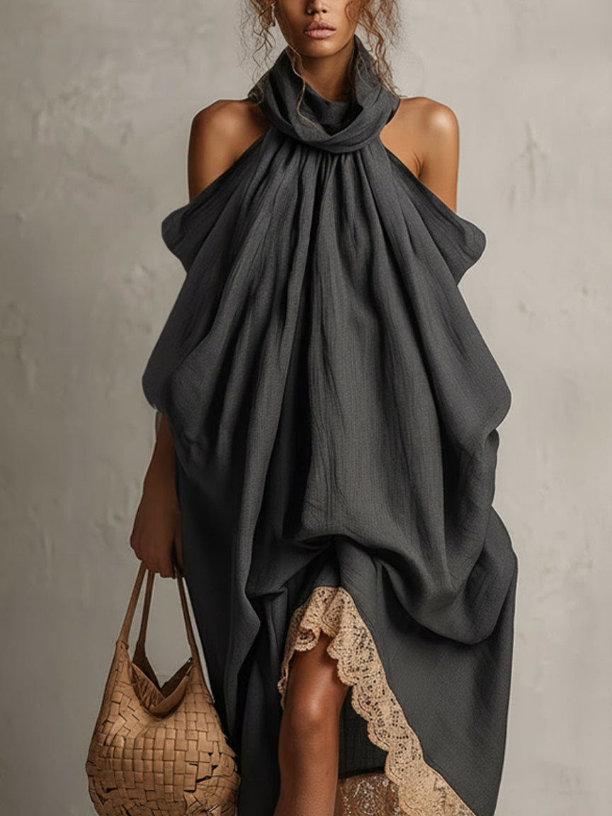 Gray Off Shoulder Linen And Lace Midi Dress