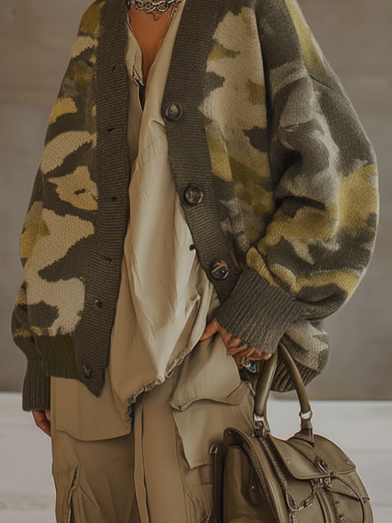 Olive Green Oversized Camouflage Knit Button Down Cardigan